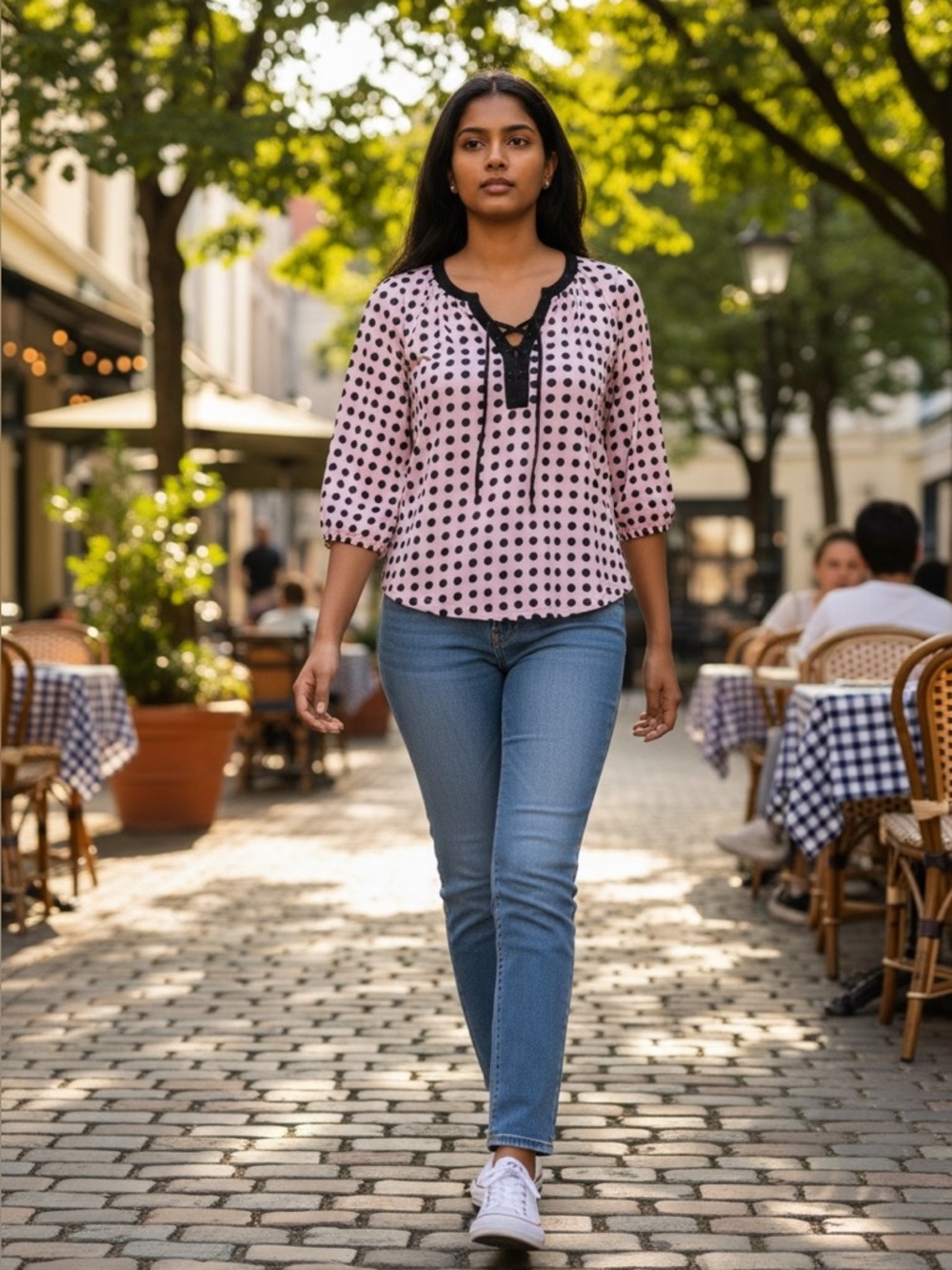 New York & Co. pink shirt w/ black polka dots